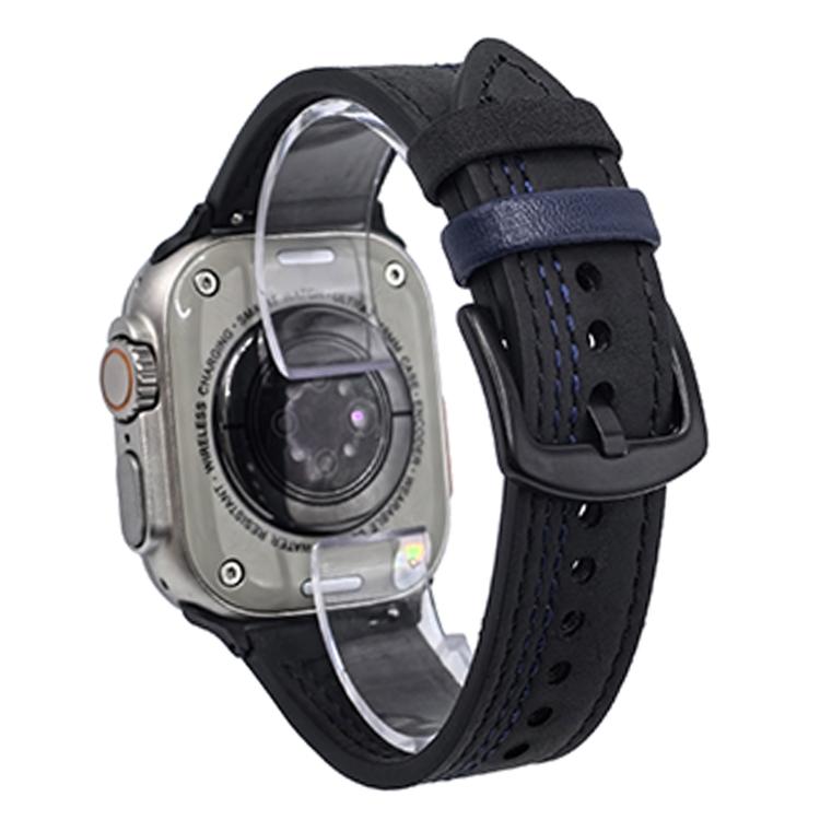 For Apple Watch 46mm / 49mm / 45mm / 44mm 7-Line Tri-Star Buckle Pull Up Leather Watch Band(Black Blue Thread)