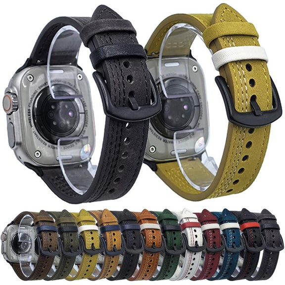 For Apple Watch 46mm / 49mm / 45mm / 44mm 7-Line Tri-Star Buckle Pull Up Leather Watch Band(Light Yellow White Thread)