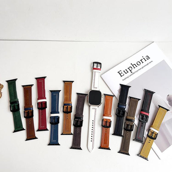 For Apple Watch 42mm / 41mm / 40mm / 38mm 7-Line Tri-Star Buckle Pull Up Leather Watch Band(Light Yellow White Thread)