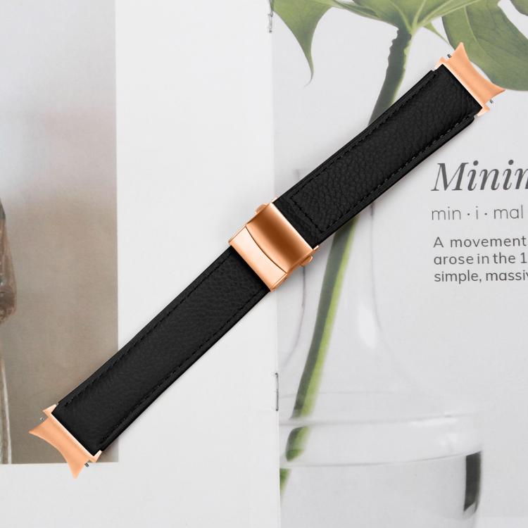 For Samsung Galaxy Watch 7 40 / 44mm Quick Release Lychee Texture Rose Gold Turtle Back Buckle Leather Watch Band(Black)