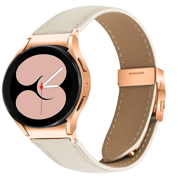 For Samsung Galaxy Watch 7 40 / 44mm Quick Release Lychee Texture Rose Gold Turtle Back Buckle Leather Watch Band(Creamy White)