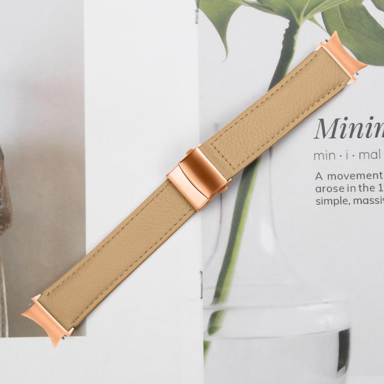 For Samsung Galaxy Watch 7 40 / 44mm Quick Release Lychee Texture Rose Gold Turtle Back Buckle Leather Watch Band(Camel)