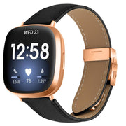 For Fitbit Versa 3 / 4 Lychee Texture Rose Gold Turtle Back Buckle Leather Watch Band(Black)