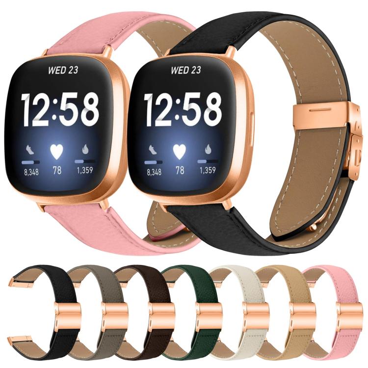For Fitbit Versa 3 / 4 Lychee Texture Rose Gold Turtle Back Buckle Leather Watch Band(Black)