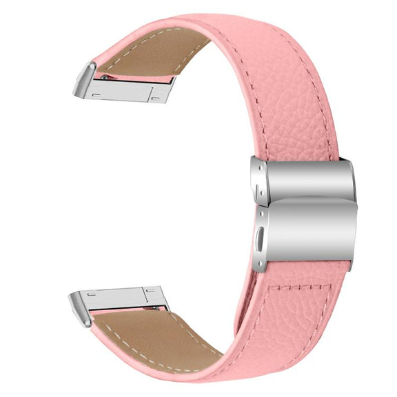 For Fitbit Versa 3 / 4 Lychee Texture Silver Turtle Back Buckle Leather Watch Band(Pink)