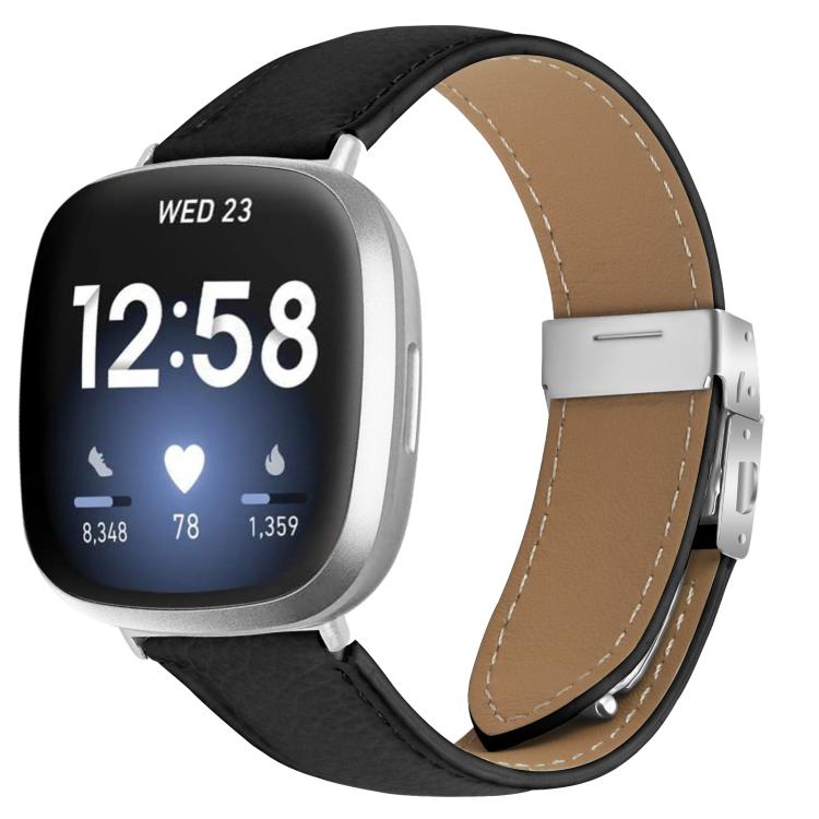 For Fitbit Versa 3 / 4 Lychee Texture Silver Turtle Back Buckle Leather Watch Band(Black)