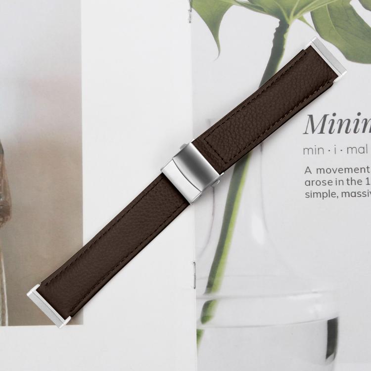 For Fitbit Versa 3 / 4 Lychee Texture Silver Turtle Back Buckle Leather Watch Band(Coffee Color)