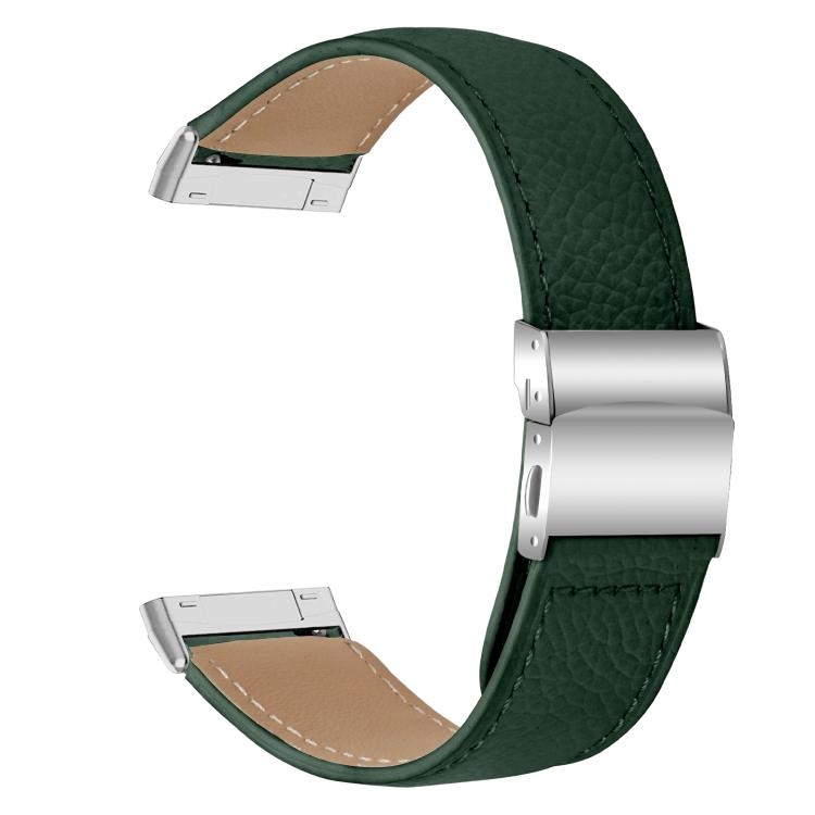 For Fitbit Versa 3 / 4 Lychee Texture Silver Turtle Back Buckle Leather Watch Band(Green)
