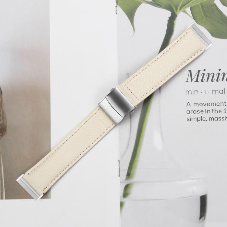 For Fitbit Versa 3 / 4 Lychee Texture Silver Turtle Back Buckle Leather Watch Band(Creamy White)