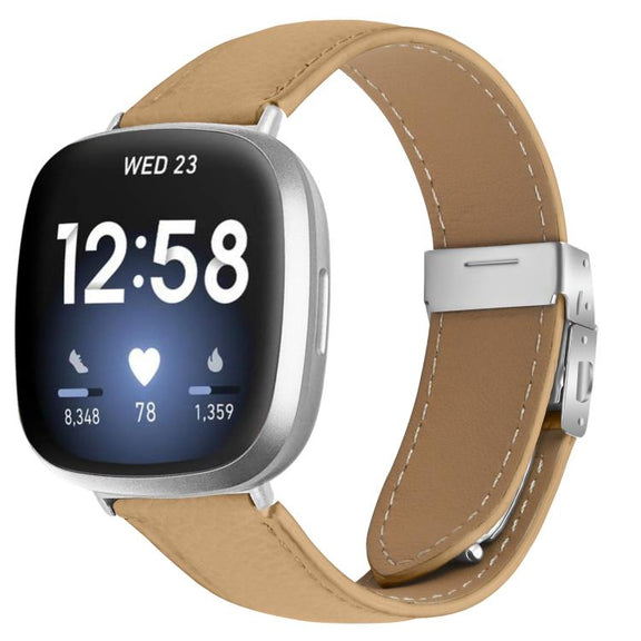 For Fitbit Versa 3 / 4 Lychee Texture Silver Turtle Back Buckle Leather Watch Band(Camel)