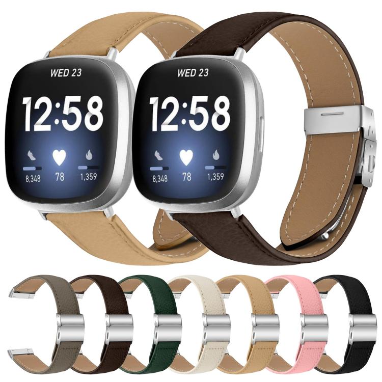 For Fitbit Versa 3 / 4 Lychee Texture Silver Turtle Back Buckle Leather Watch Band(Camel)