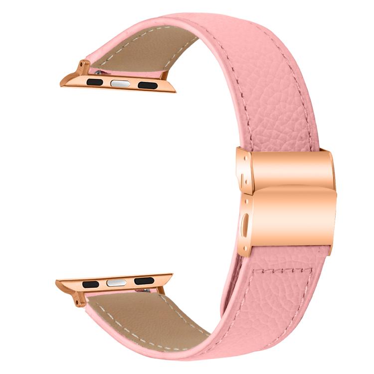 For Apple Watch 42mm / 41mm / 40mm / 38mm Lychee Texture Rose Gold Turtle Back Buckle Leather Watch Band(Pink)