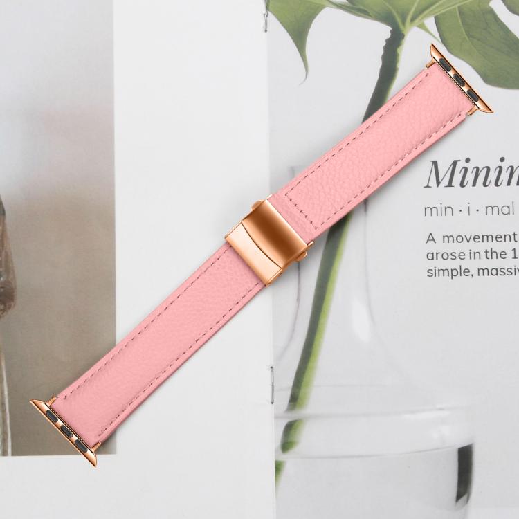 For Apple Watch 42mm / 41mm / 40mm / 38mm Lychee Texture Rose Gold Turtle Back Buckle Leather Watch Band(Pink)