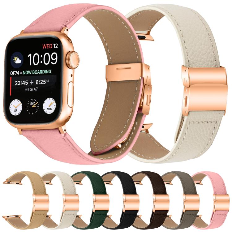 For Apple Watch 42mm / 41mm / 40mm / 38mm Lychee Texture Rose Gold Turtle Back Buckle Leather Watch Band(Pink)