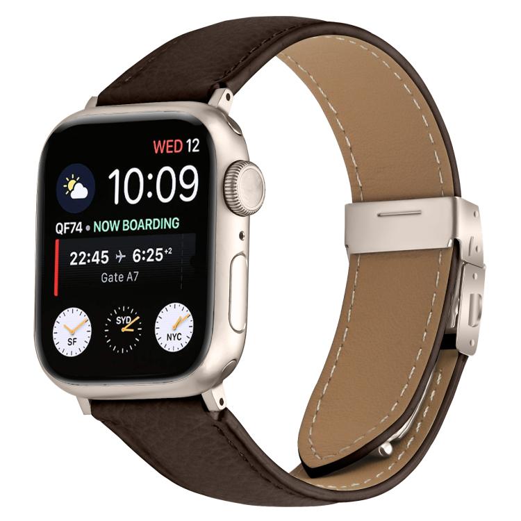 For Apple Watch 46mm / 49mm / 45mm / 44mm Lychee Texture Starlight Turtle Back Buckle Leather Watch Band(Coffee Color)
