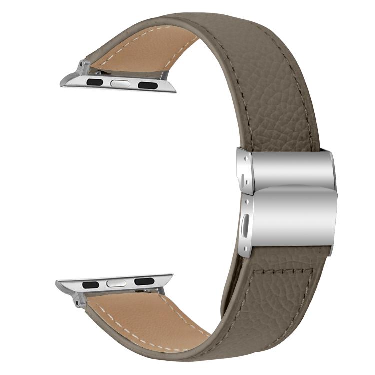 For Apple Watch 46mm / 49mm / 45mm / 44mm Lychee Texture Silver Turtle Back Buckle Leather Watch Band(Gray)