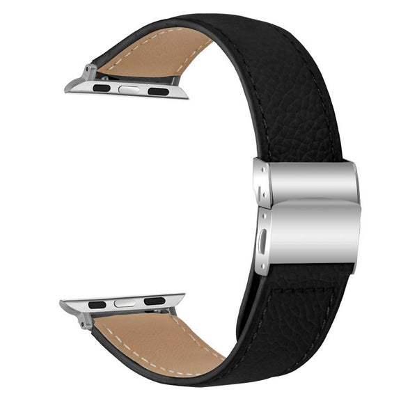 For Apple Watch 42mm / 41mm / 40mm / 38mm Lychee Texture Silver Turtle Back Buckle Leather Watch Band(Black)