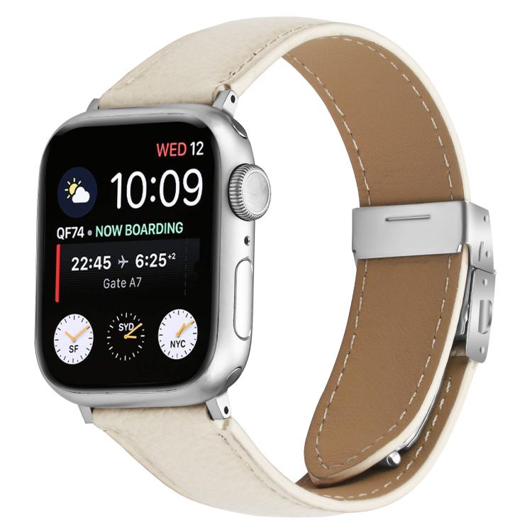 For Apple Watch 42mm / 41mm / 40mm / 38mm Lychee Texture Silver Turtle Back Buckle Leather Watch Band(Creamy White)