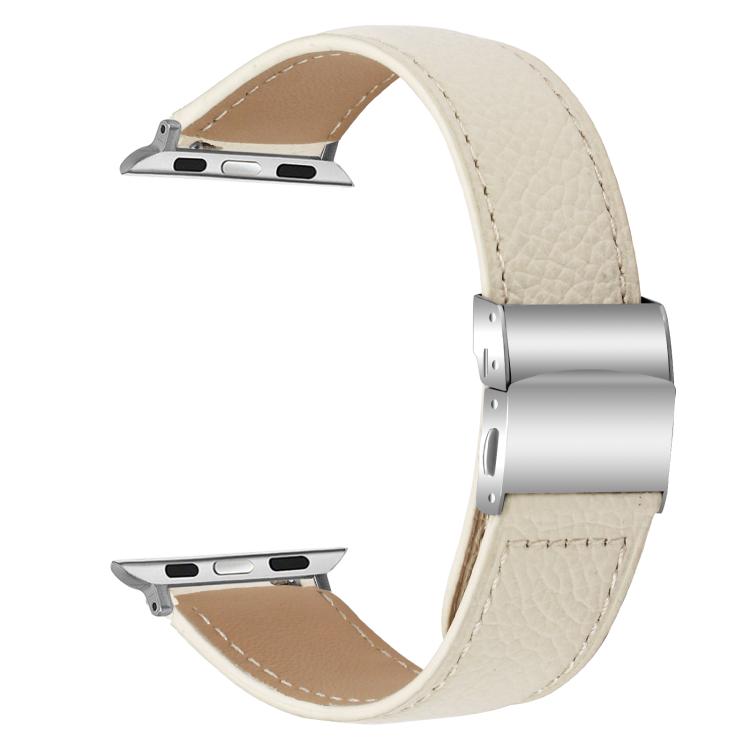 For Apple Watch 42mm / 41mm / 40mm / 38mm Lychee Texture Silver Turtle Back Buckle Leather Watch Band(Creamy White)
