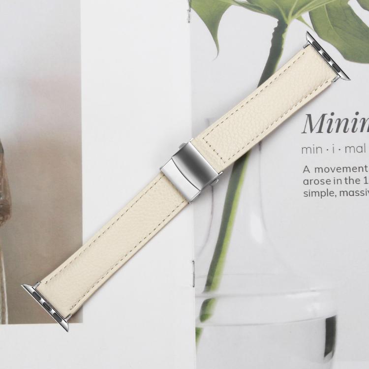 For Apple Watch 42mm / 41mm / 40mm / 38mm Lychee Texture Silver Turtle Back Buckle Leather Watch Band(Creamy White)