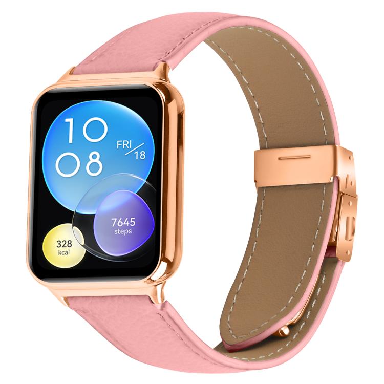 For Xiaomi Smart Bnad 9 Pro / Redmi Watch 5 Lychee Texture Rose Gold Turtle Back Buckle Leather Watch Band(Pink)