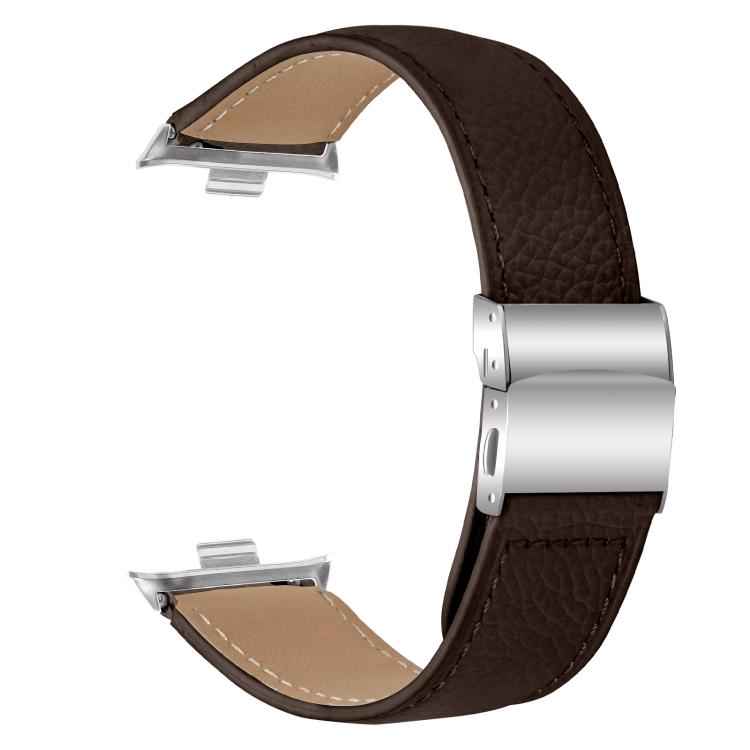 For Xiaomi Smart Bnad 9 Pro / Redmi Watch 5 Lychee Texture Silver Turtle Back Buckle Leather Watch Band(Coffee Color)