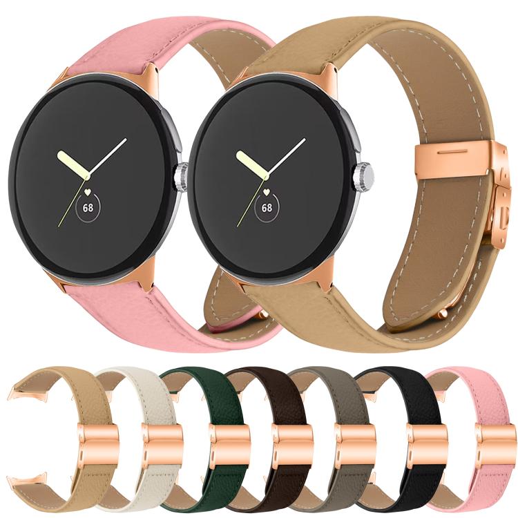 For Google Pixel Watch / Watch 2 / 3 41mm Lychee Texture Rose Gold Turtle Back Buckle Leather Watch Band(Black)