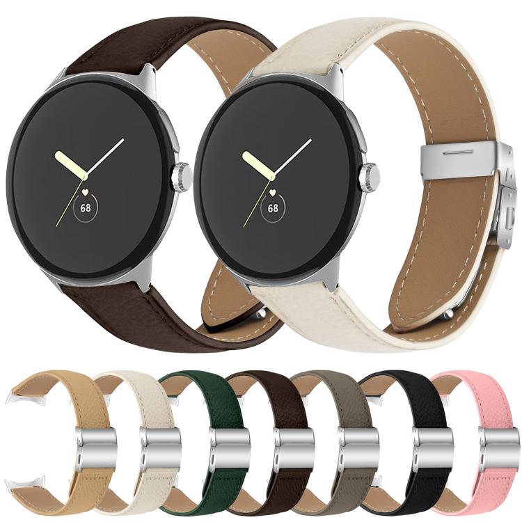 For Google Pixel Watch / Watch 2 / 3 41mm Lychee Texture Silver Turtle Back Buckle Leather Watch Band(Gray)