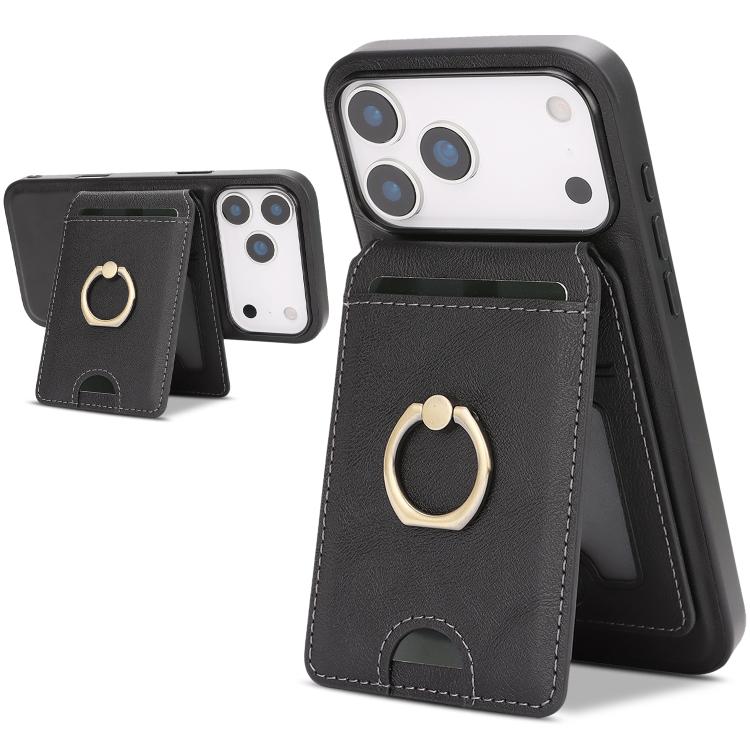 For iPhone 17 Pro Max Kalebol Strong MagSafe Ring Magnetic Card Bag Holder Leather Phone Case(Black)