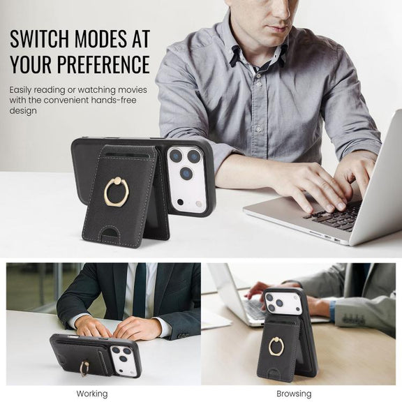 For iPhone 17 Pro Max Kalebol Strong MagSafe Ring Magnetic Card Bag Holder Leather Phone Case(Black)