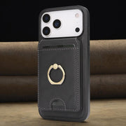 For iPhone 17 Pro Max Kalebol Strong MagSafe Ring Magnetic Card Bag Holder Leather Phone Case(Black)