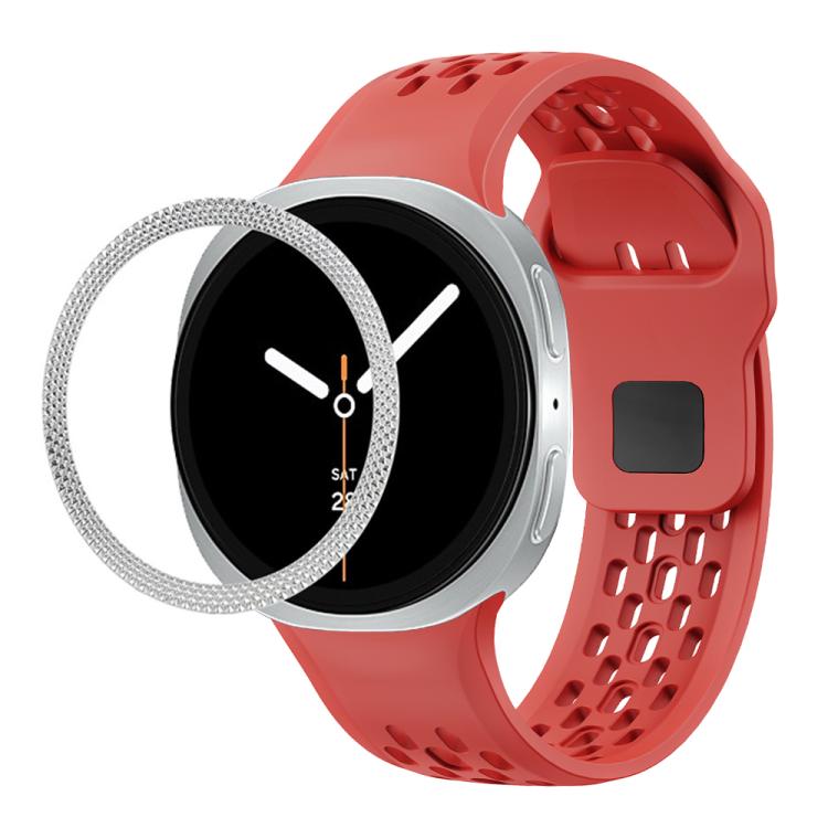 For Samsung Galaxy Watch8 44mm Rhombic Texture Bezel and Black Reverse Buckle Silicone Watch Band(Red Silver)