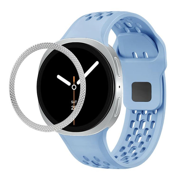 For Samsung Galaxy Watch8 44mm Rhombic Texture Bezel and Black Reverse Buckle Silicone Watch Band(Light Blue Silver)