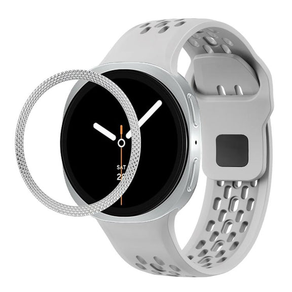 For Samsung Galaxy Watch8 44mm Rhombic Texture Bezel and Black Reverse Buckle Silicone Watch Band(Gray Silver)