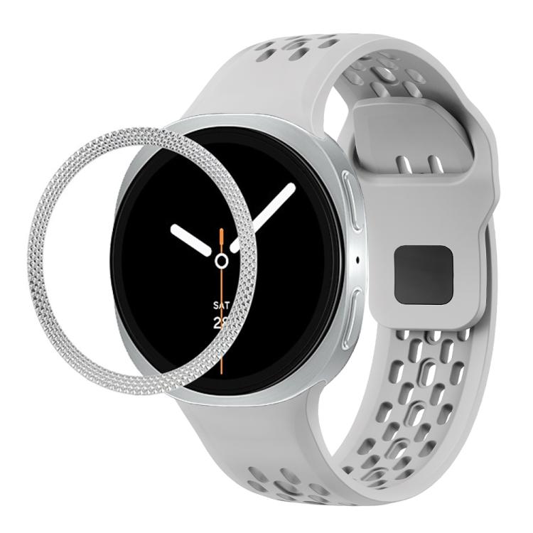 For Samsung Galaxy Watch8 40mm Rhombic Texture Bezel and Black Reverse Buckle Silicone Watch Band(Gray Silver)