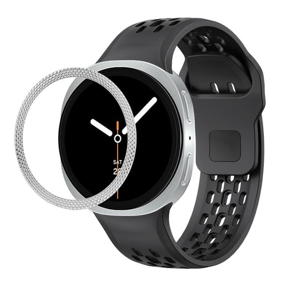For Samsung Galaxy Watch8 40mm Rhombic Texture Bezel and Black Reverse Buckle Silicone Watch Band(Black Silver)