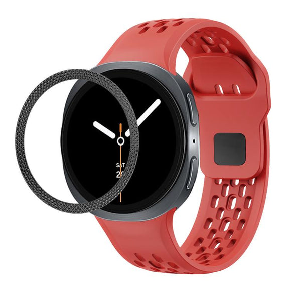 For Samsung Galaxy Watch8 40mm Rhombic Texture Bezel and Black Reverse Buckle Silicone Watch Band(Red Black)