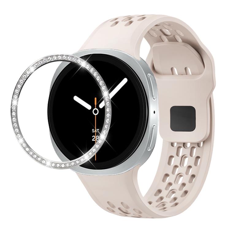 For Samsung Galaxy Watch8 44mm Diamond Bezel and Black Reverse Buckle Silicone Watch Band(Starlight Silver)