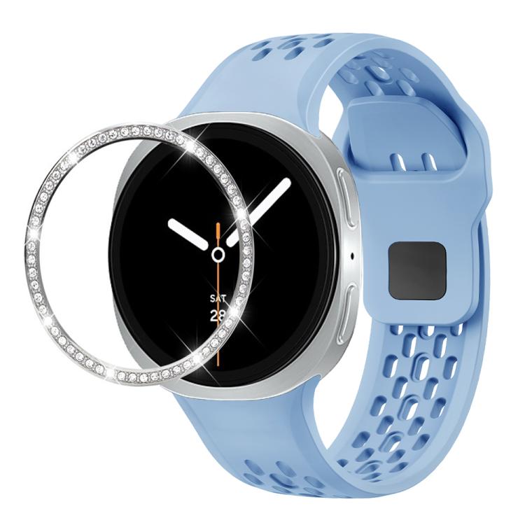 For Samsung Galaxy Watch8 44mm Diamond Bezel and Black Reverse Buckle Silicone Watch Band(Light Blue Silver)