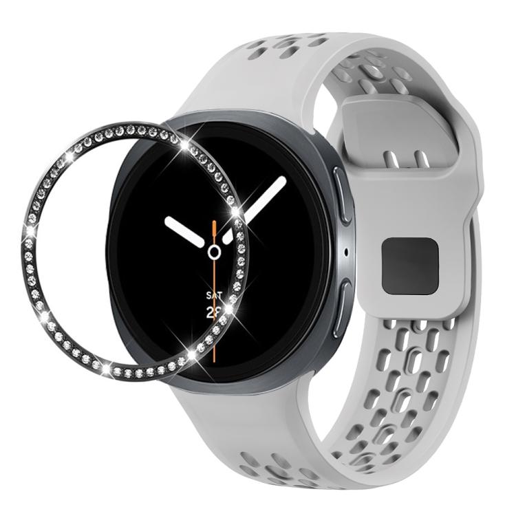 For Samsung Galaxy Watch8 44mm Diamond Bezel and Black Reverse Buckle Silicone Watch Band(Gray Black)