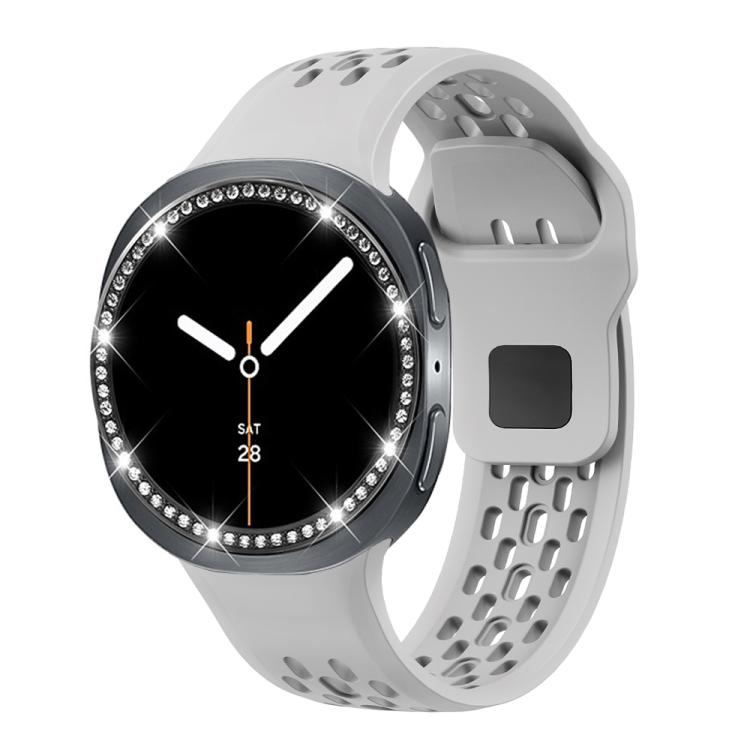 For Samsung Galaxy Watch8 44mm Diamond Bezel and Black Reverse Buckle Silicone Watch Band(Gray Black)