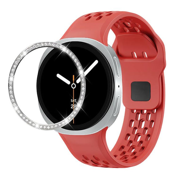 For Samsung Galaxy Watch8 40mm Diamond Bezel and Black Reverse Buckle Silicone Watch Band(Red Silver)