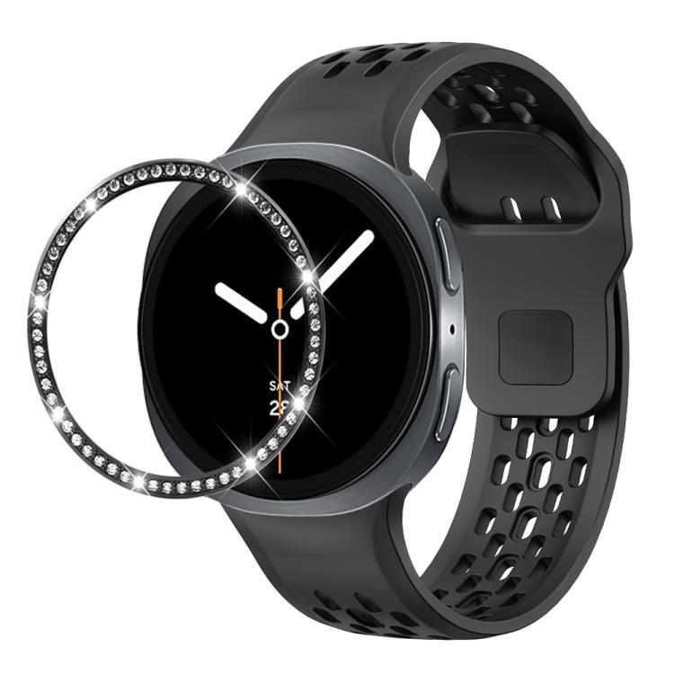 For Samsung Galaxy Watch8 40mm Diamond Bezel and Black Reverse Buckle Silicone Watch Band(Black Black)