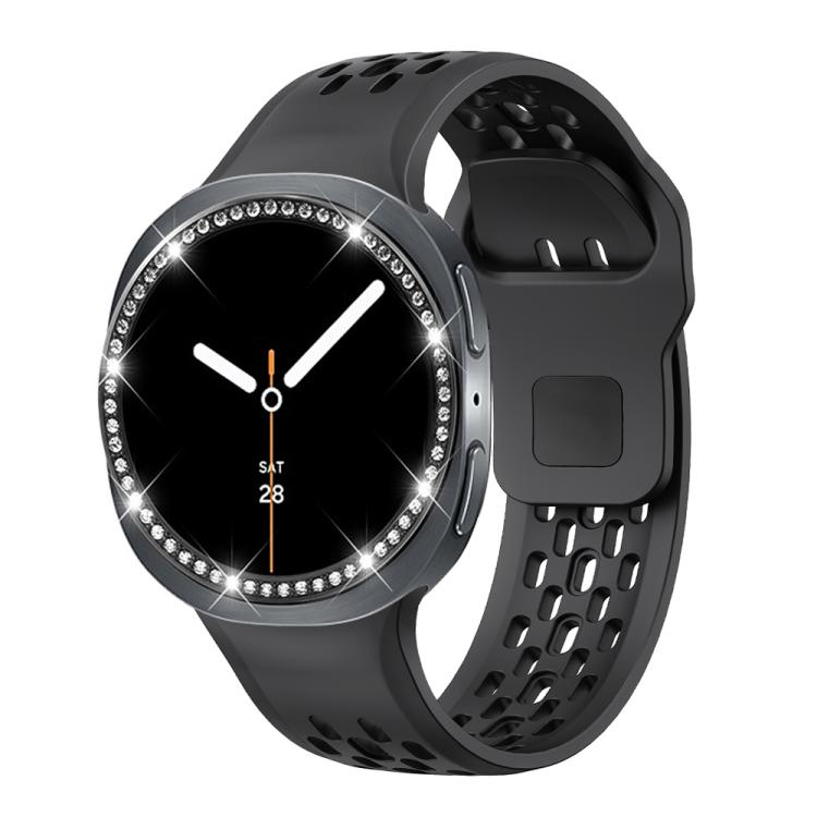 For Samsung Galaxy Watch8 40mm Diamond Bezel and Black Reverse Buckle Silicone Watch Band(Black Black)