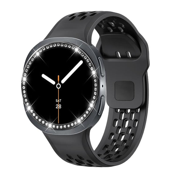 For Samsung Galaxy Watch8 40mm Diamond Bezel and Black Reverse Buckle Silicone Watch Band(Black Black)