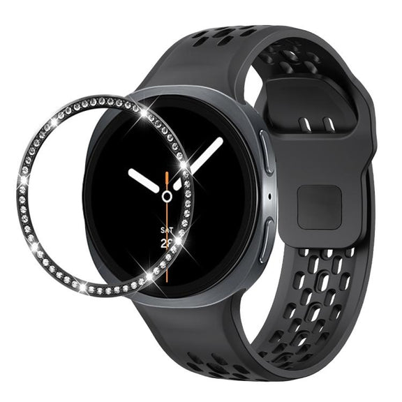 For Samsung Galaxy Watch8 40mm Diamond Bezel and Black Reverse Buckle Silicone Watch Band(Black Black)