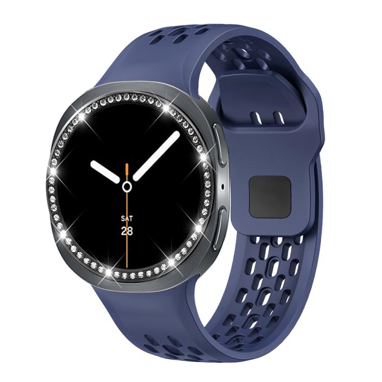 For Samsung Galaxy Watch8 40mm Diamond Bezel and Black Reverse Buckle Silicone Watch Band(Midnight Blue Black)