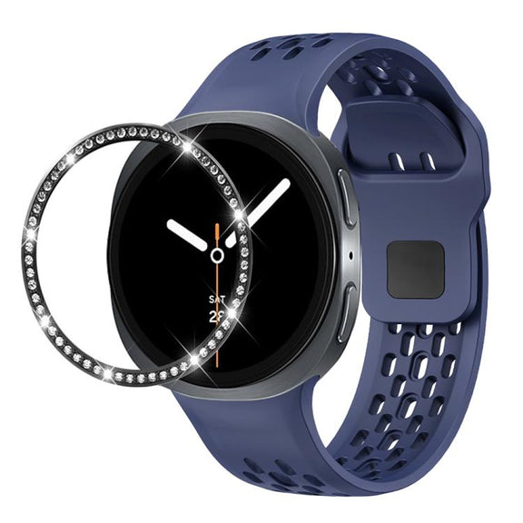 For Samsung Galaxy Watch8 40mm Diamond Bezel and Black Reverse Buckle Silicone Watch Band(Midnight Blue Black)