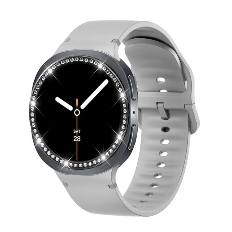 For Samsung Galaxy Watch8 40mm Diamond Bezel and Solid Color Stitched Silicone Watch Band(Gray Black)
