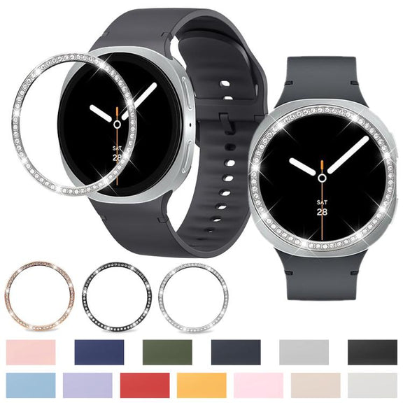 For Samsung Galaxy Watch8 40mm Diamond Bezel and Solid Color Stitched Silicone Watch Band(Black Black)